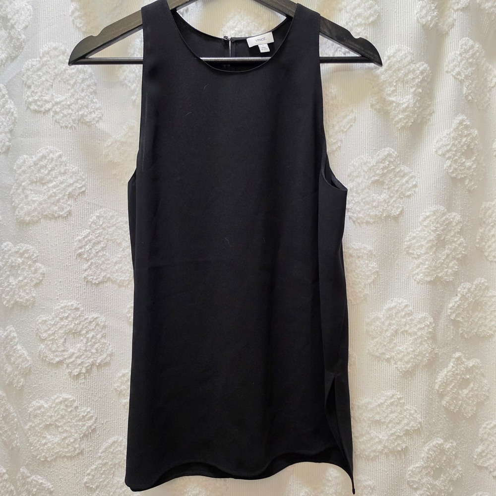 Vince Black Sleeveless Round Neck Shell Top‎ Crepe Side Slit Womens Small